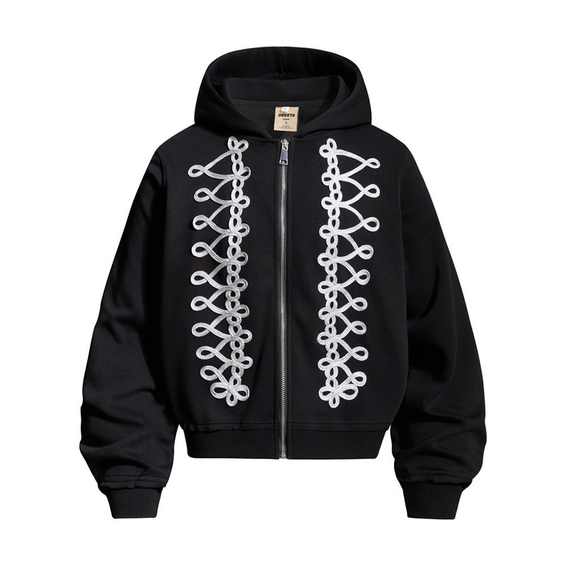 Oversized zip-up hoodie with rope cord lace detailing and matching wide-leg sweatpants in grey and black colorways
