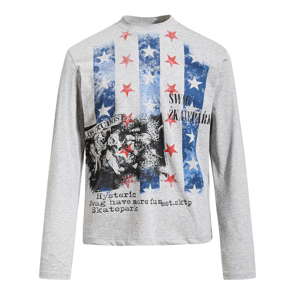 Men's Graphic Long Sleeve T-Shirt – Stars & Stripes Skatepark Print, Mock Neck