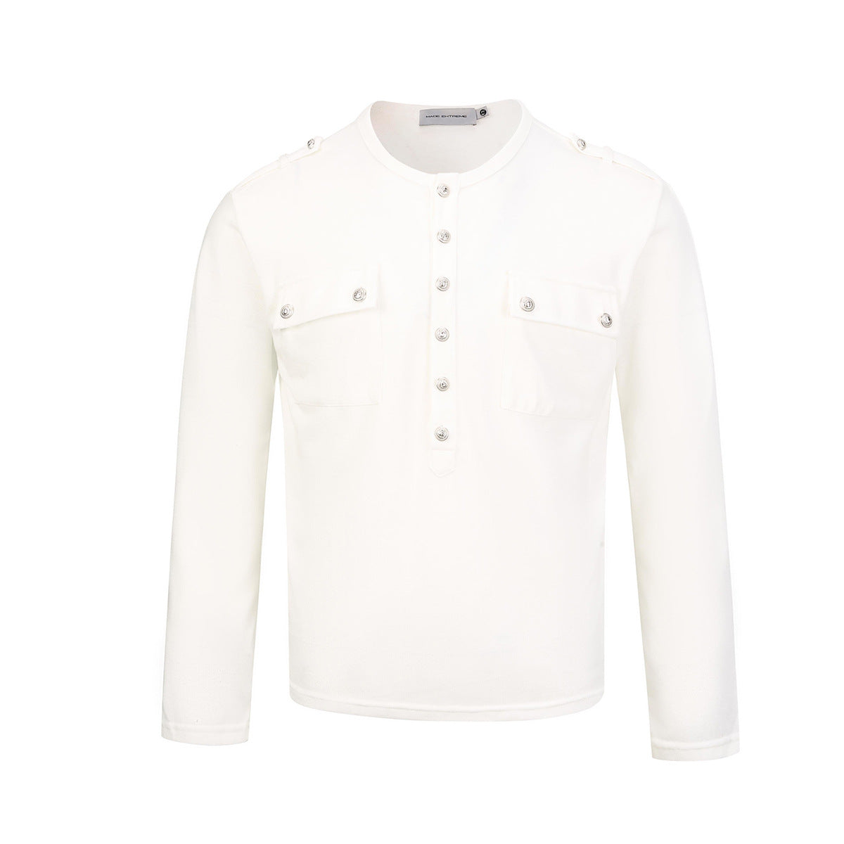 Men's Military-Style Henley Long Sleeve Shirt with Chest Pockets & Epaulettes