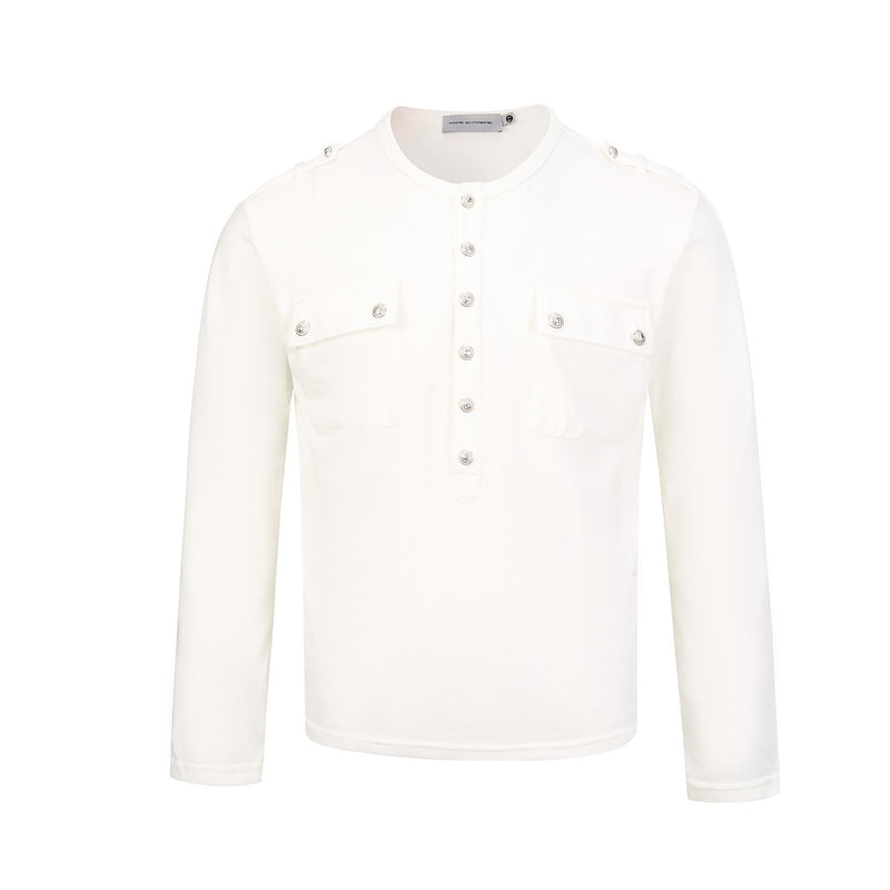Men's Military-Style Henley Long Sleeve Shirt with Chest Pockets & Epaulettes