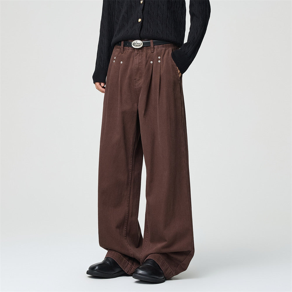 Wide-Leg Pleated Trousers – Men's High-Street Solid Color Straight-Cut Pants