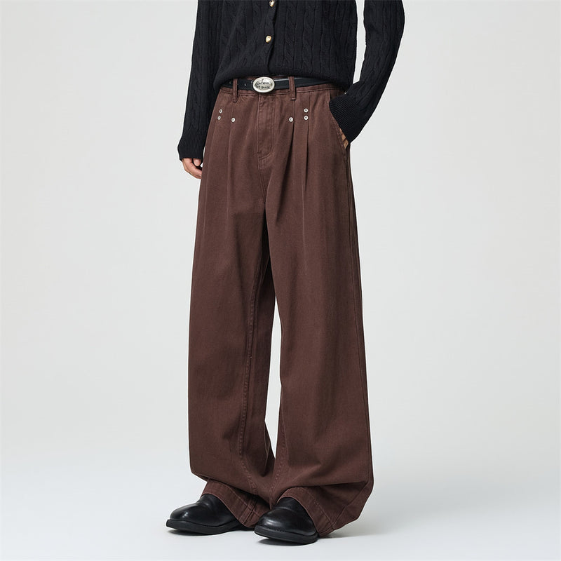 Wide-Leg Pleated Trousers – Men's High-Street Solid Color Straight-Cut Pants