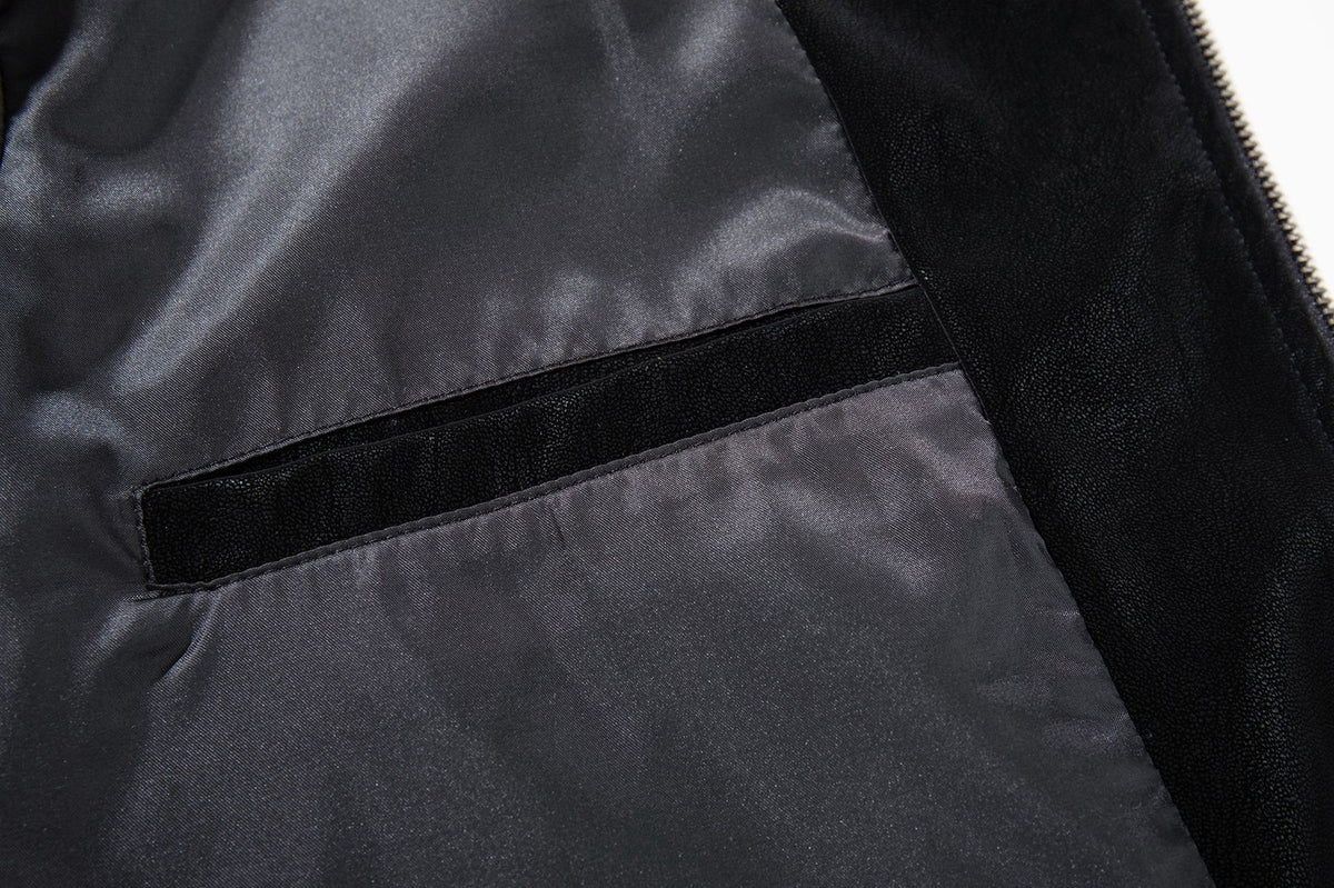 Oversized Black Leather Jacket Faux PU Bomber with High Collar