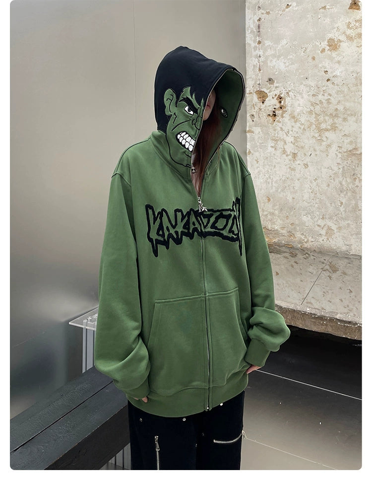 Hulk-Inspired Hoodie - 400GSM Oversized Green Zip-Up Superhero Sweatshirt