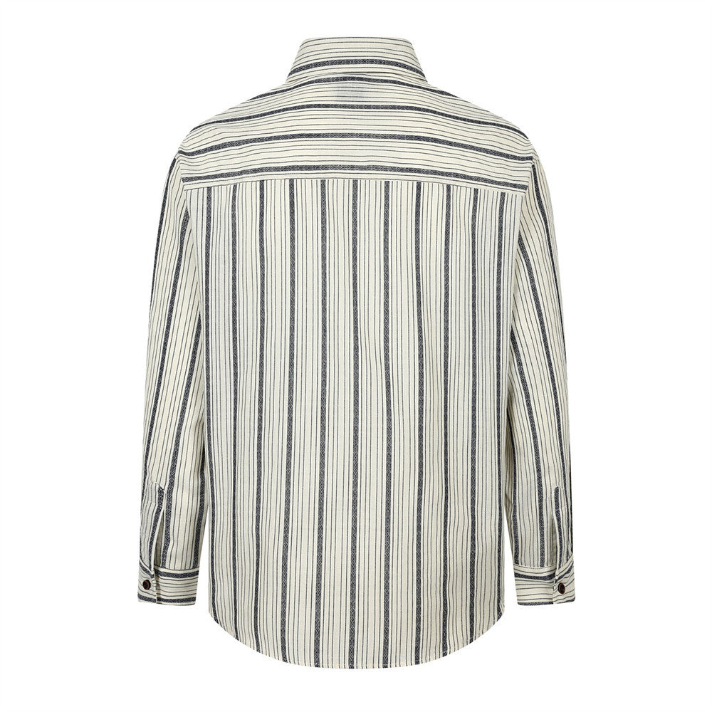 Striped Long-Sleeve Shirt – Vintage American Oversized Button-Up with Pocket