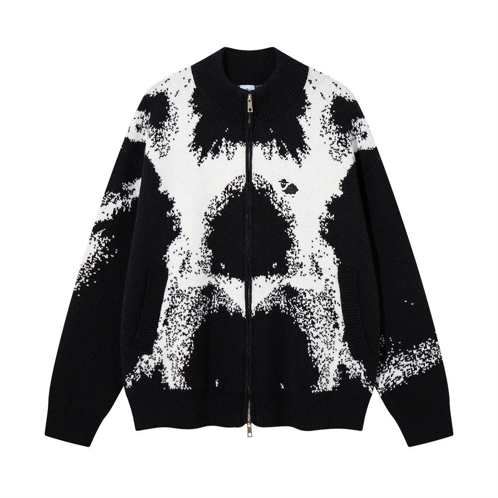 Ink-Splash-Strick-Cardigan mit Reißverschluss – Oversized-Stehkragen