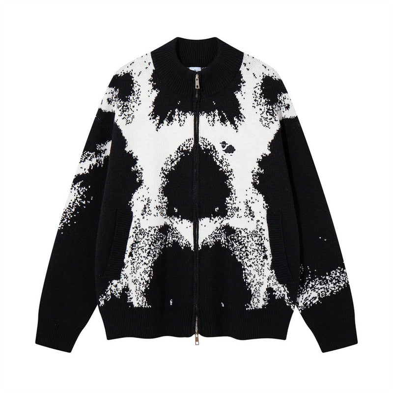 Ink-Splash-Strick-Cardigan mit Reißverschluss – Oversized-Stehkragen