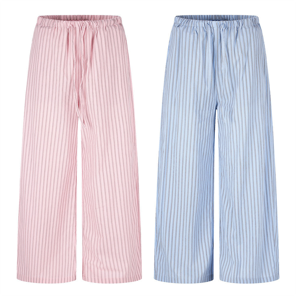 Relaxed wide-leg striped lounge pants with drawstring waist in pink and blue pinstripe