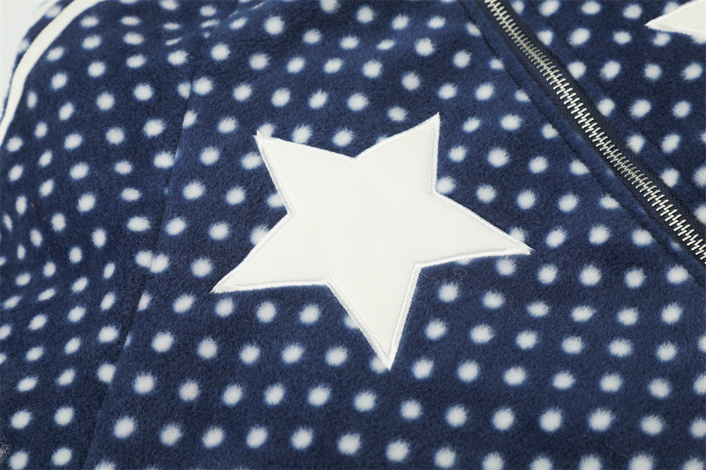 Padded Jacket for Men – Navy Polka Dot Star Patch Track Jacket with Stripe
