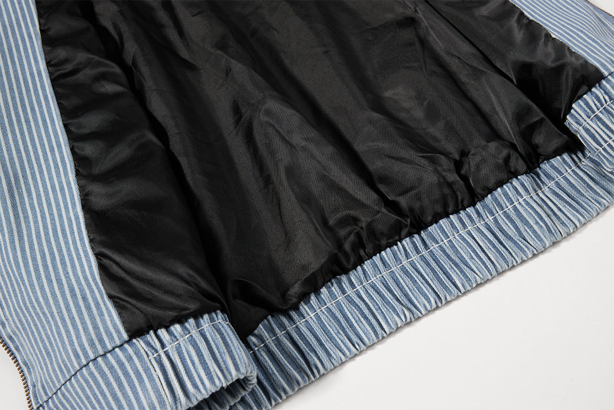Striped Denim Bomber Jacket Stand Collar Embroidered Retro Boxy Fit