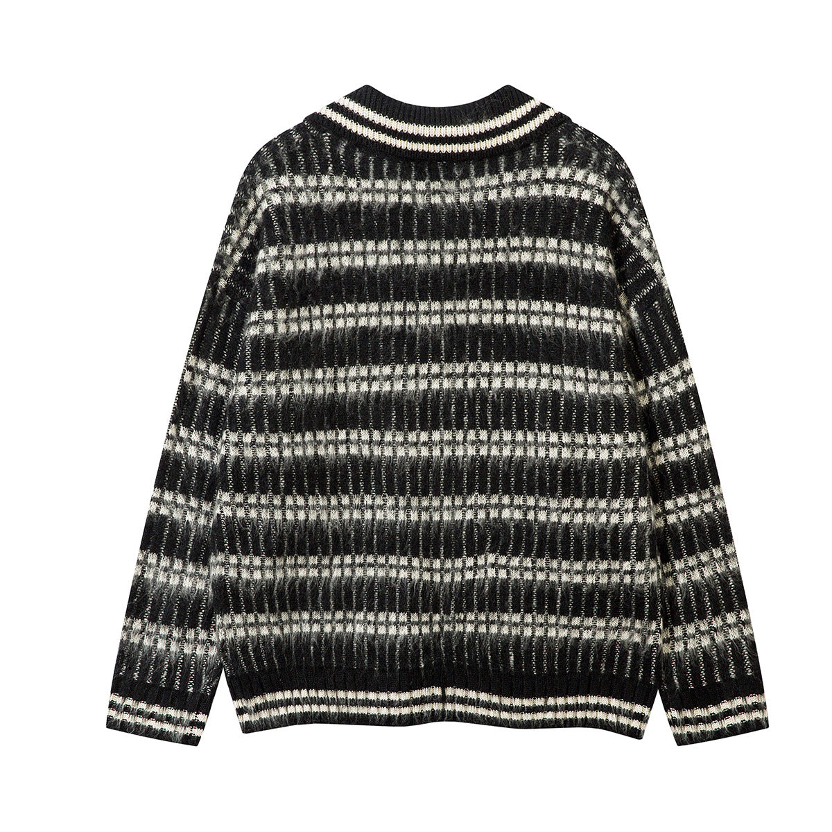 Striped Knit Sweater with Polo Collar – Oversized Fuzzy Texture
