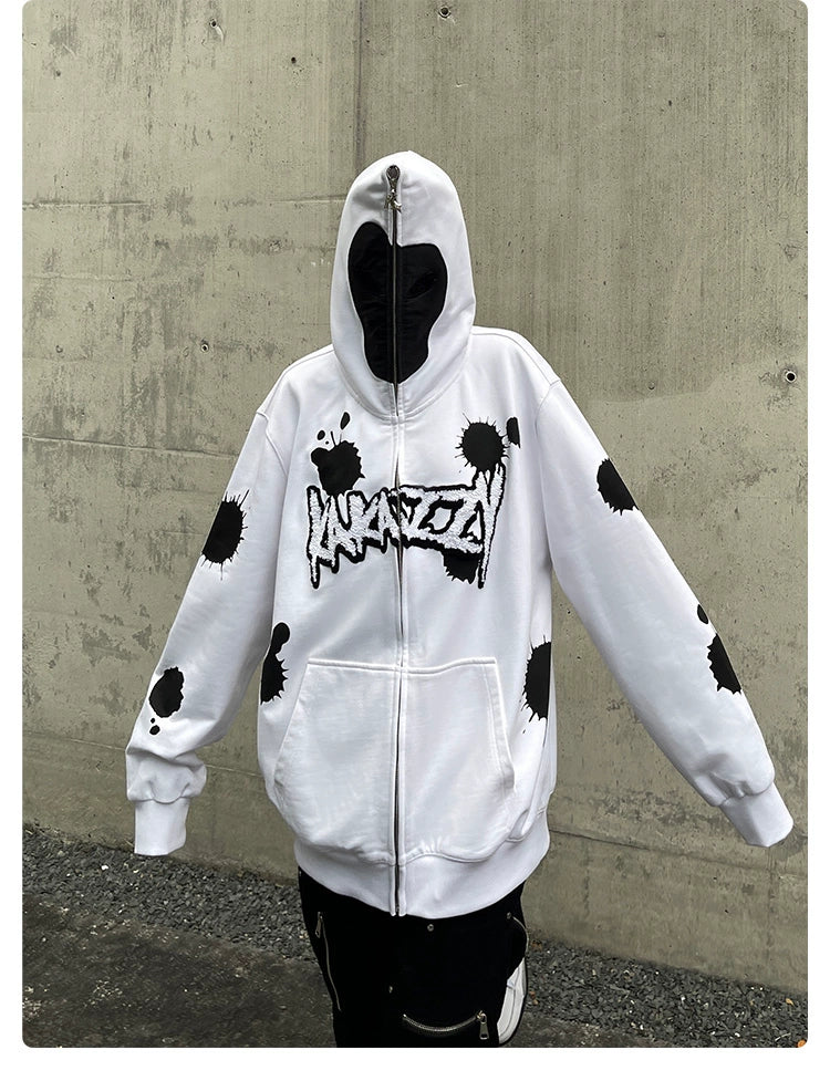 Monochrome Ink Splatter Hoodie - 400GSM Oversized White and Black Zip-Up Streetwear Sweatshirt