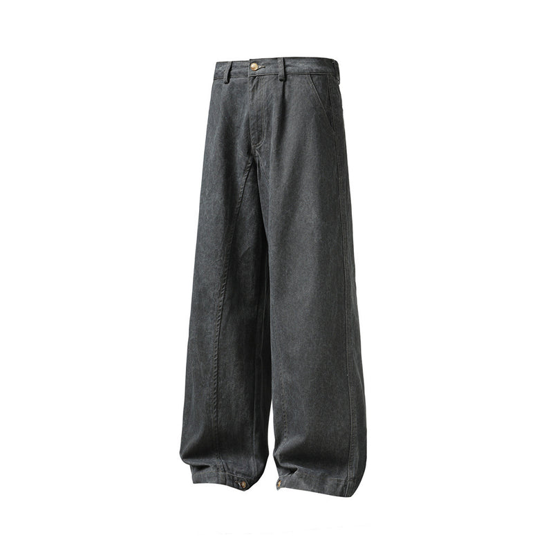 Wide-Leg Washed Denim Jeans – Relaxed High-Street Pleated Trousers