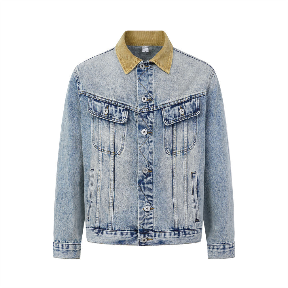 Veste en denim délavé à l’acide avec col en velours côtelé – Coupe oversize streetwear