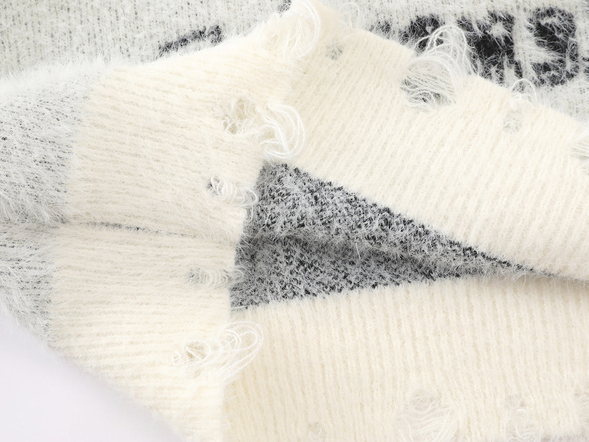 Cartoon Rabbit Angel Knit Sweater – Mixed Star & Stripe Fuzzy Pullover with