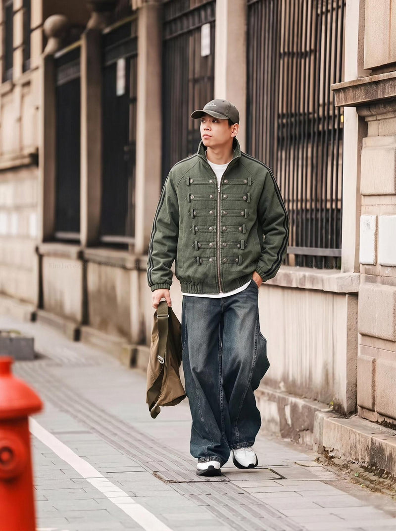 Military Napoleon Button Padded Jacket – Vintage Washed Court-Style Bomber