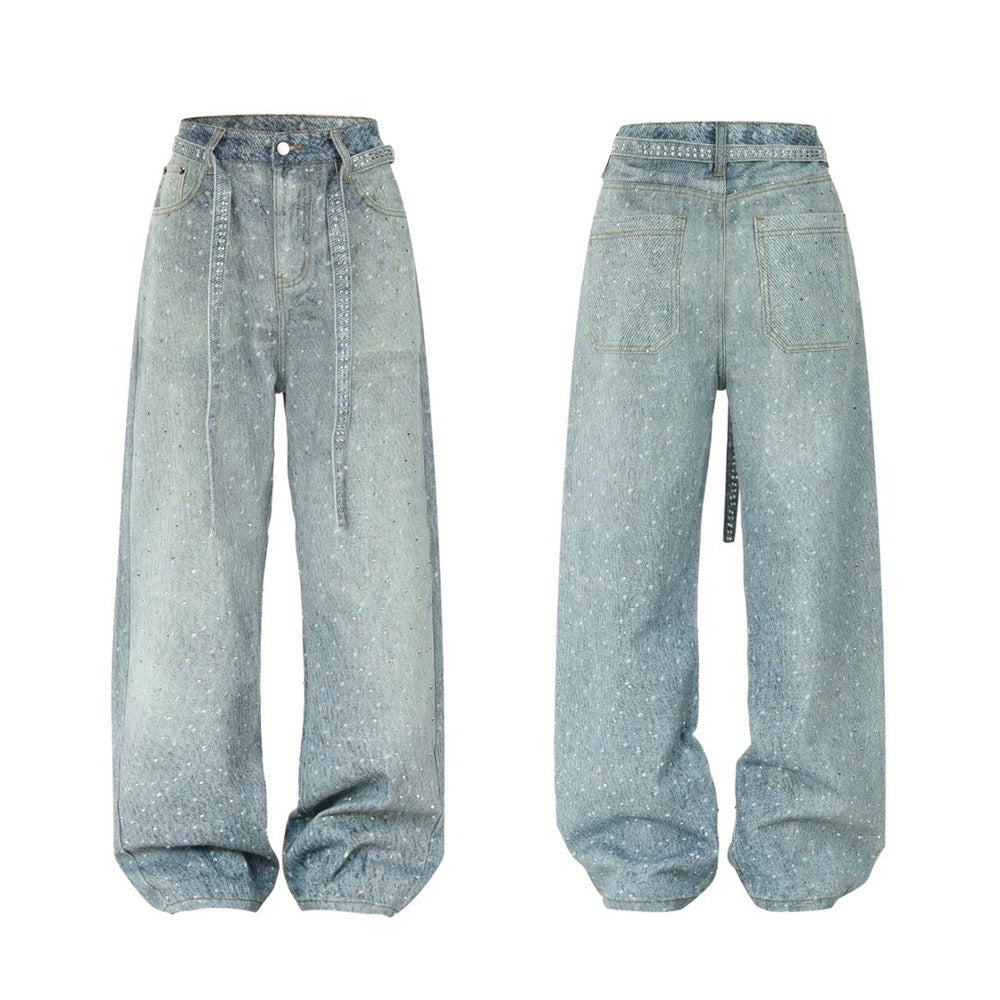 Men's wide-leg baggy jeans with all-over rhinestone embellishments and rhinestone drawstring detail, shown in light blue wash