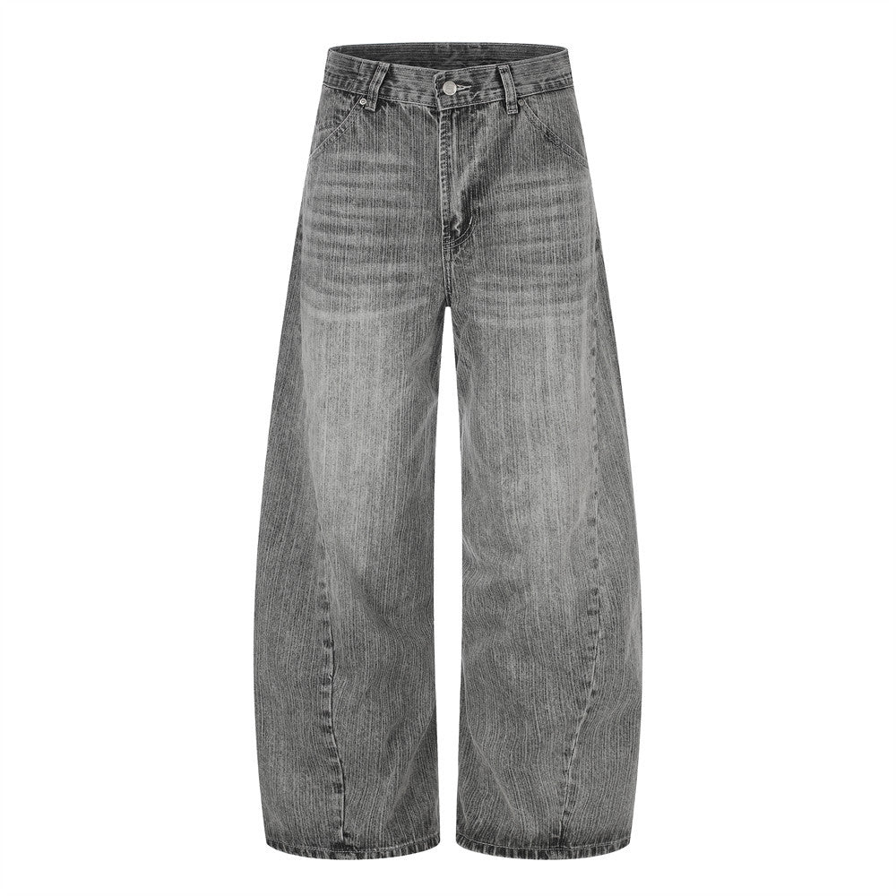Men's washed grey wide-leg barrel jeans with vintage punk silhouette, front and back view