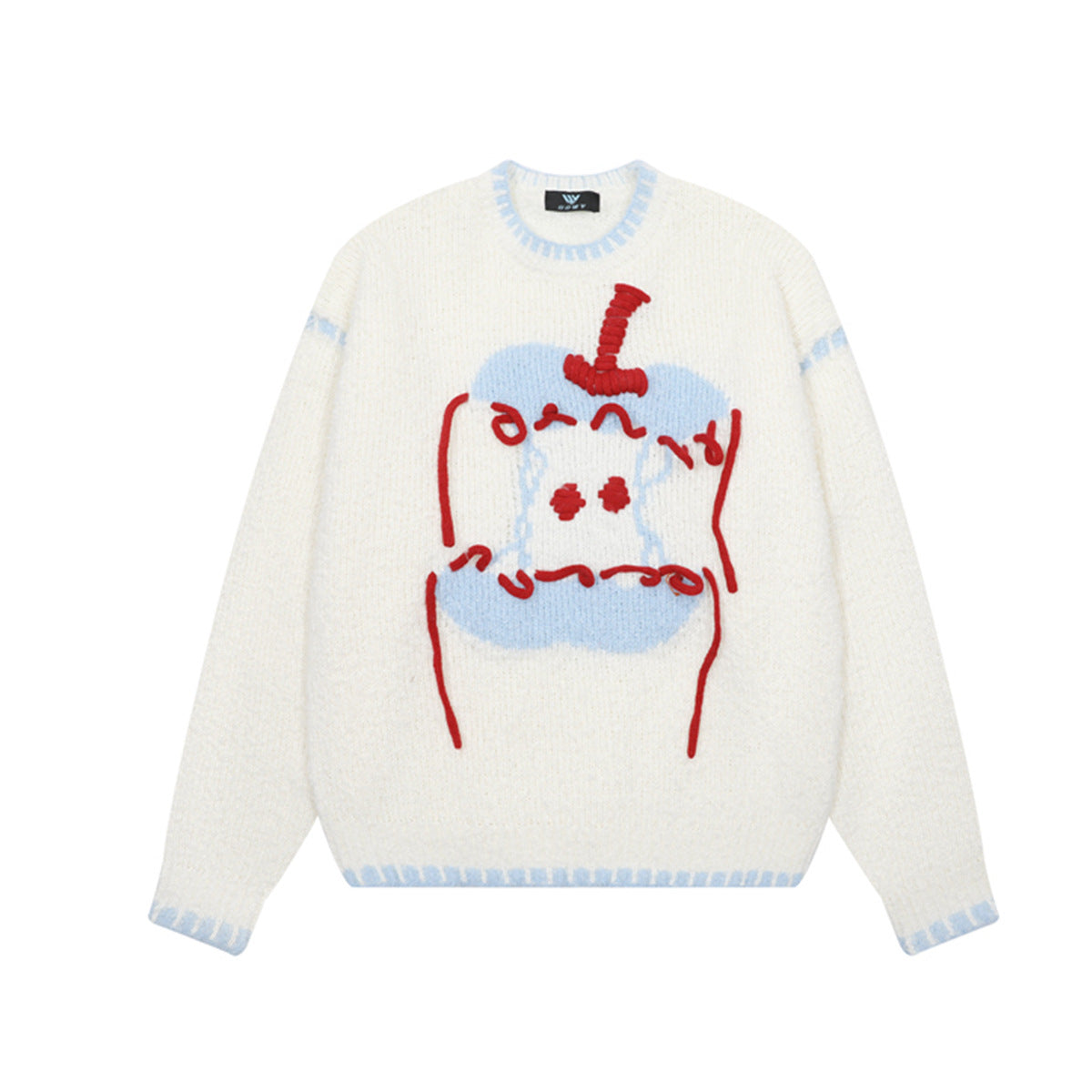 Cartoon Jacquard Crewneck Knit Sweater with Fringe Detail