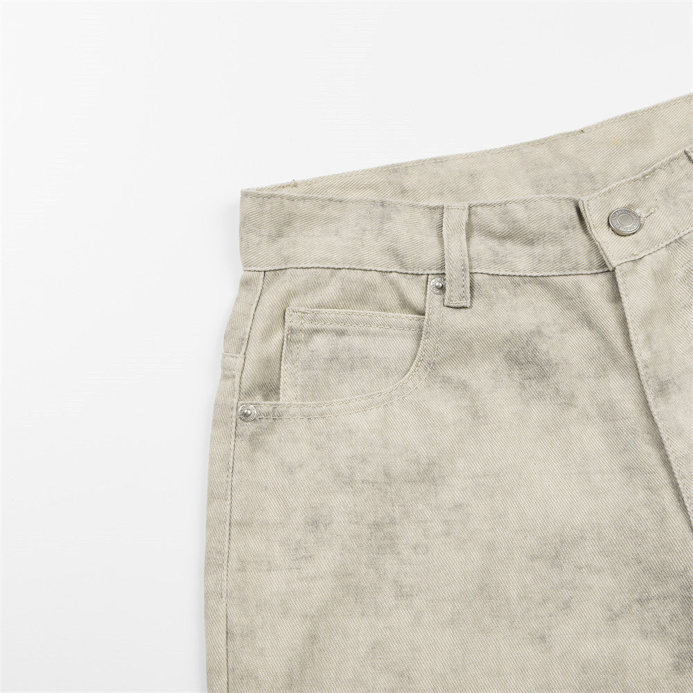 Pantalon droit wide leg – Homme, kaki délavé à l’acide, coupe décontractée et effet usé