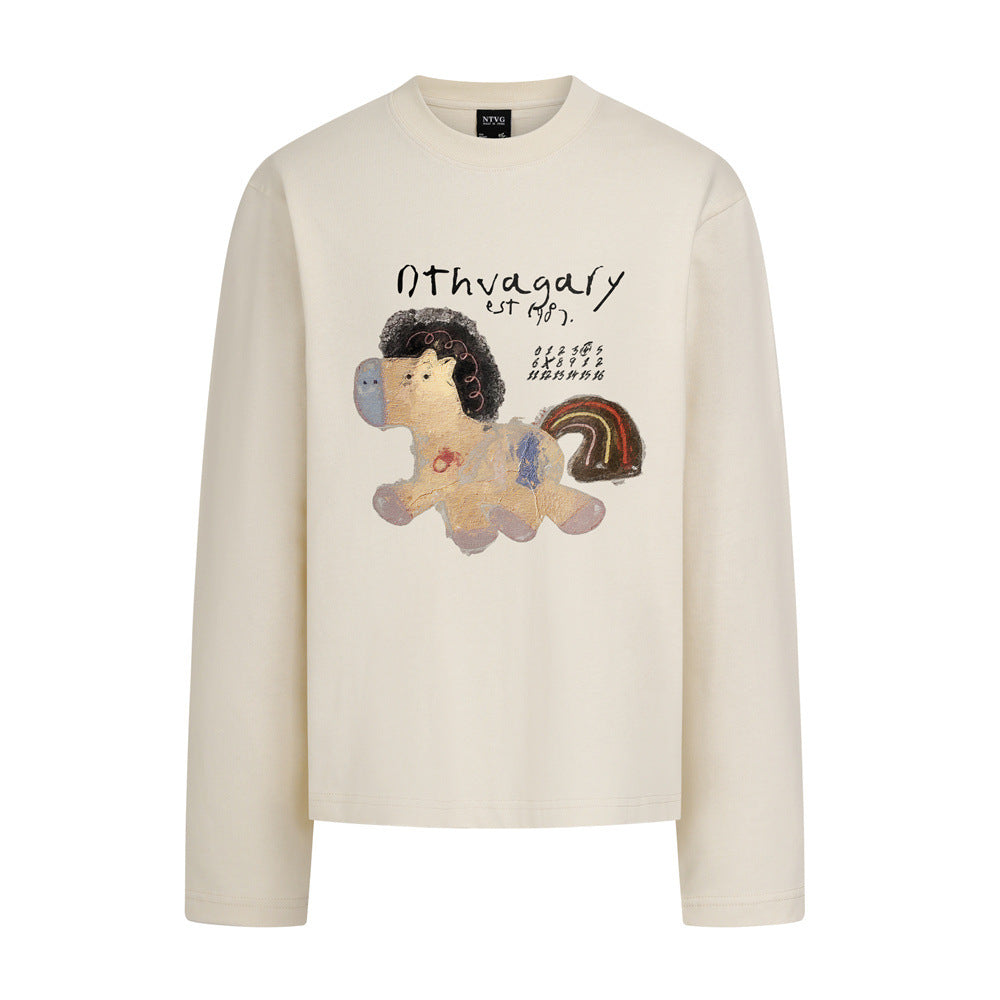Long Sleeve Graphic Tee – Cartoon Horse Print, Relaxed Fit Crew Neck
