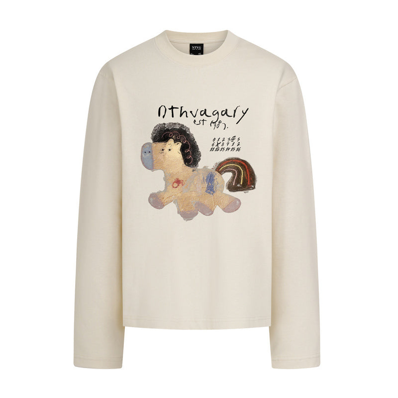 Long Sleeve Graphic Tee – Cartoon Horse Print, Relaxed Fit Crew Neck