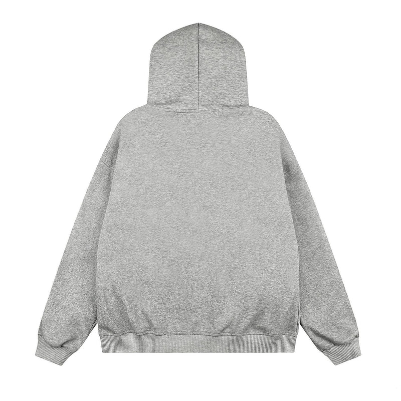 Hoodie zippé avec bordure de capuche en fausse fourrure et imprimé microphone – Gris chiné