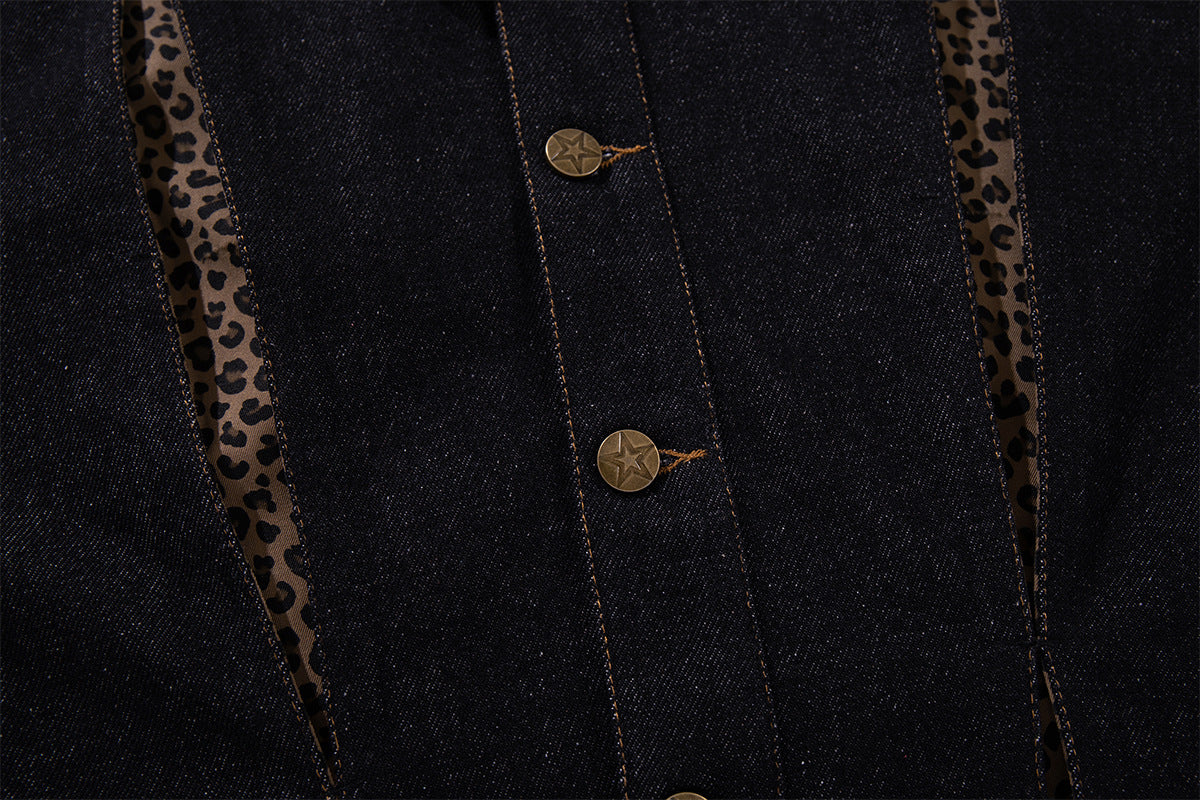 Dark Denim Boxy Jacket with Leopard Print Inset Panels