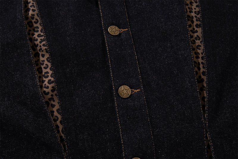 Dark Denim Boxy Jacket with Leopard Print Inset Panels