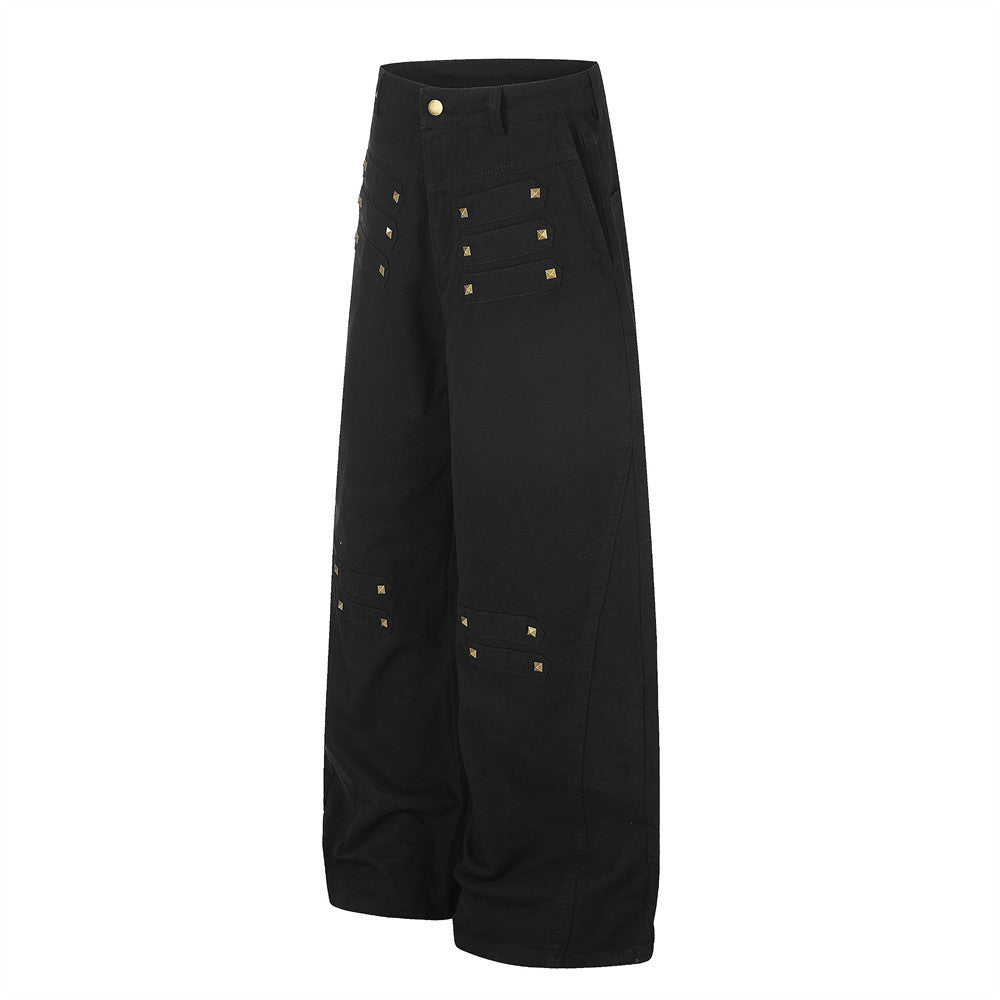 Wide-Leg Cargo Pants with Gold Pyramid Studs – Punk Workwear Straight-Cut