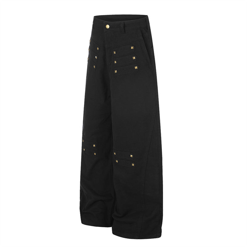 Wide-Leg Cargo Pants with Gold Pyramid Studs – Punk Workwear Straight-Cut