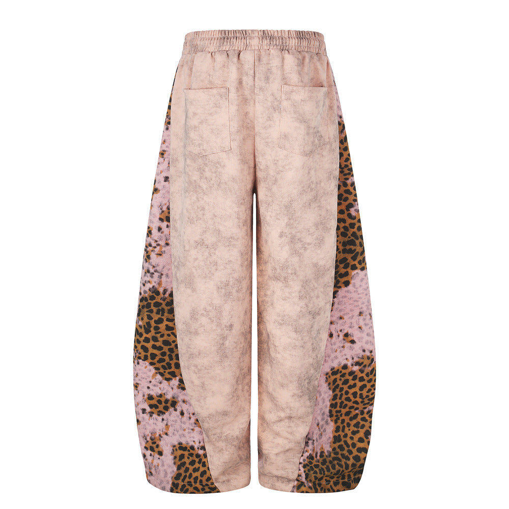 Tie-Dye Leopard Print Patchwork Wide-Leg Sweatpants