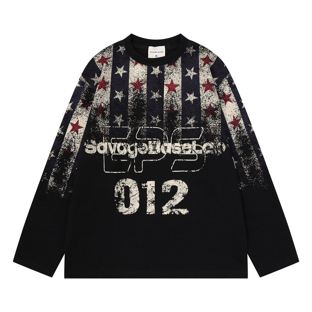 Long Sleeve Waffle-Knit Graphic Tee – Distressed Star & Stripe Print, Oversized