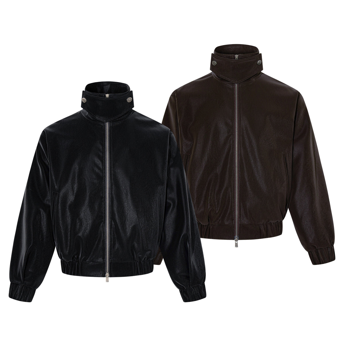 Oversized Black Leather Jacket Faux PU Bomber with High Collar