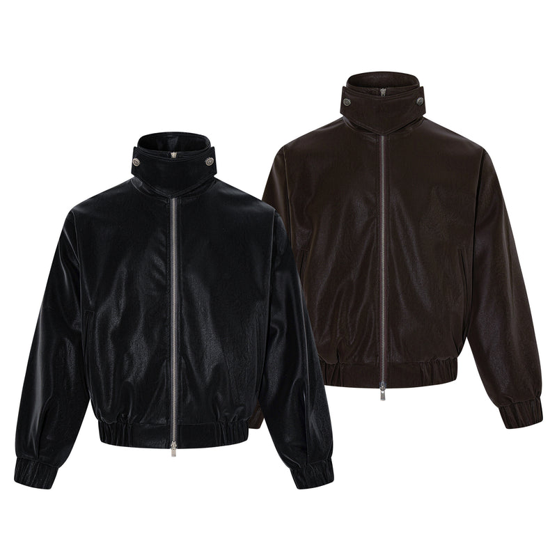 Oversized Black Leather Jacket Faux PU Bomber with High Collar