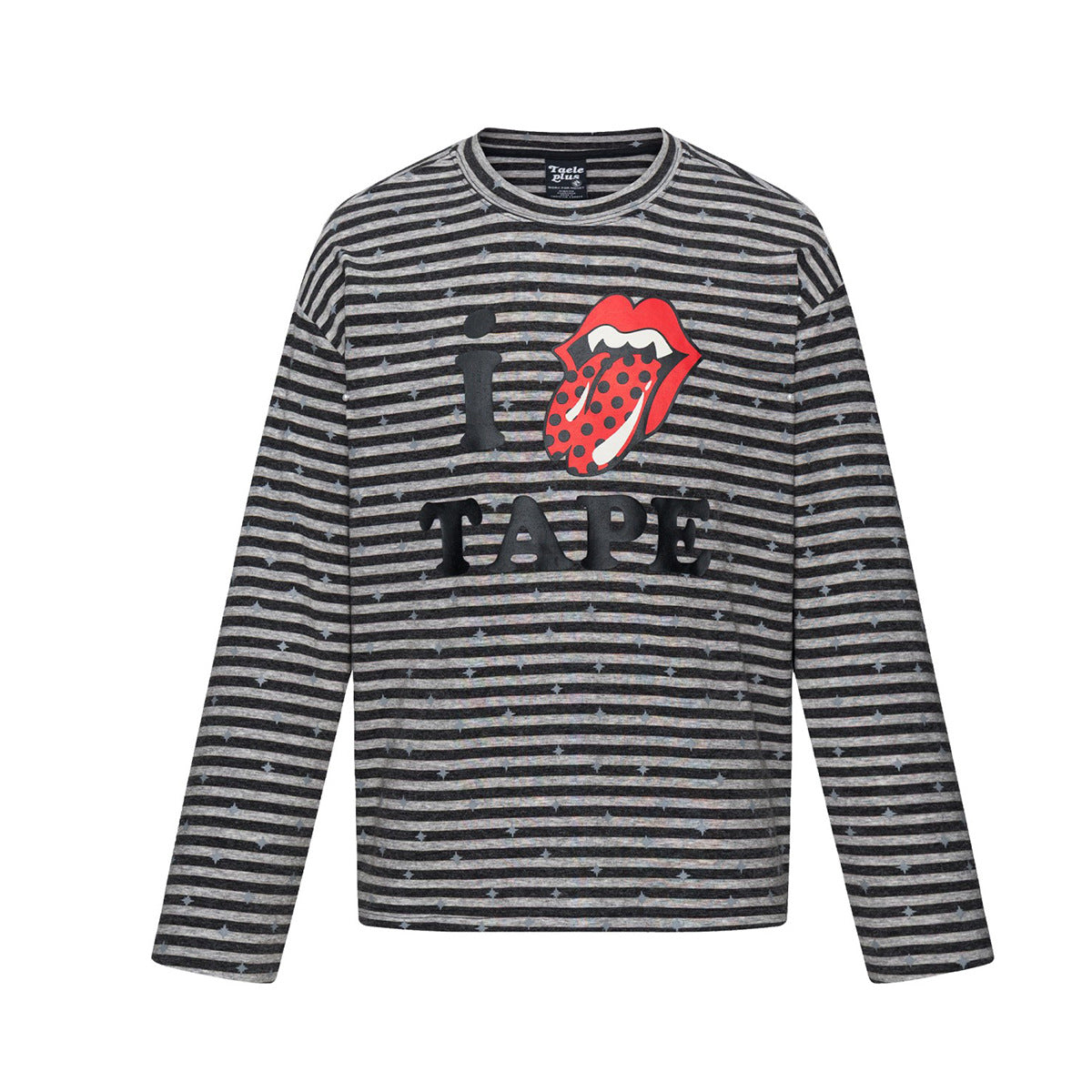 Gestreiftes Langarmshirt mit Rockmotiv aus Lippen und Zunge sowie Sternenprint in dunkelanthrazitfarbenen Streifen