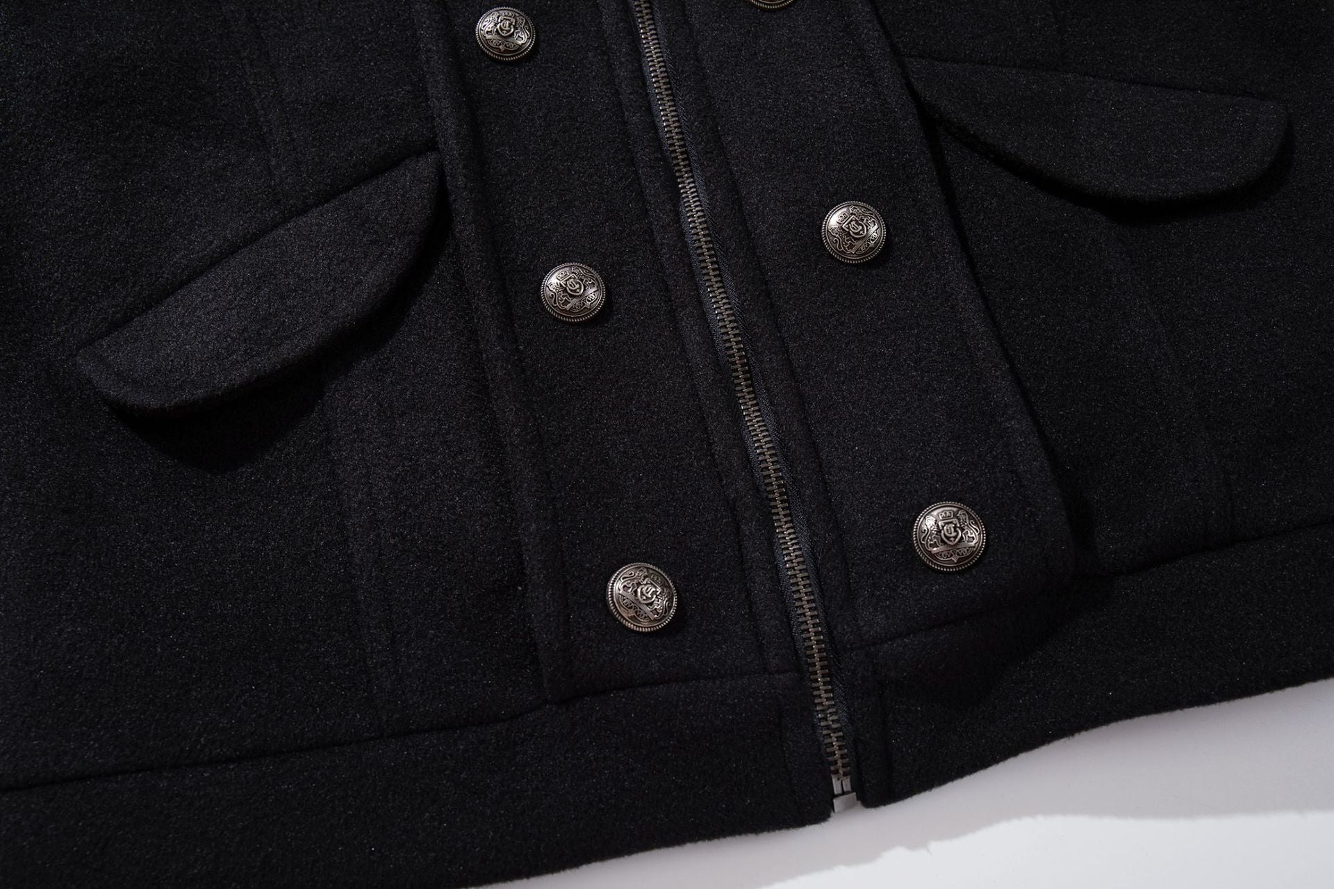 Veste militaire en laine pour homme – Noire, croisée, col montant et coupe courte