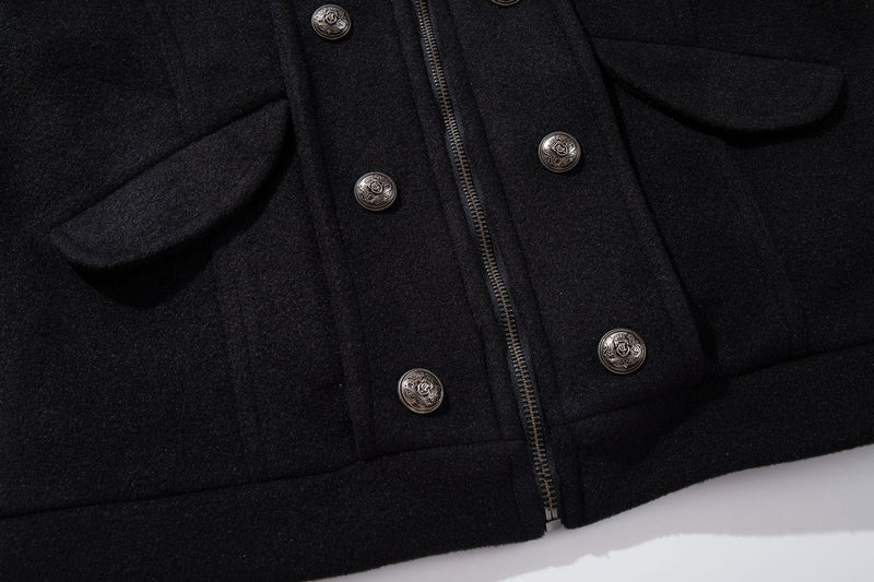 Veste militaire en laine pour homme – Noire, croisée, col montant et coupe courte