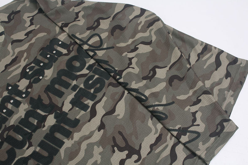 Camo Long Sleeve Waffle Shirt with Studded Graphic Print