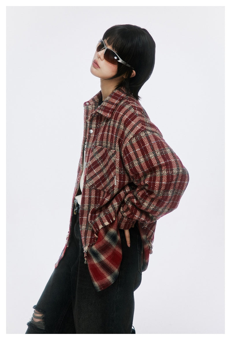 Vintage Plaid Patchwork Fringe Jacket – Oversized Unisex Overshirt