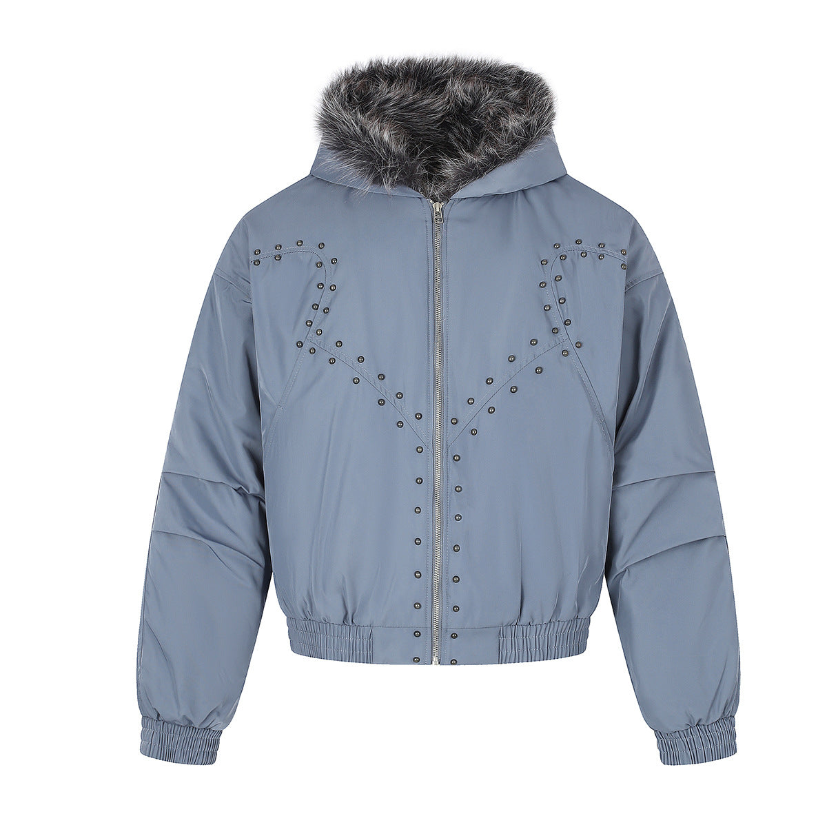 Oversized studded puffer bomber jacket with faux fur hood in slate blue, front view showing geometric metal stud pattern