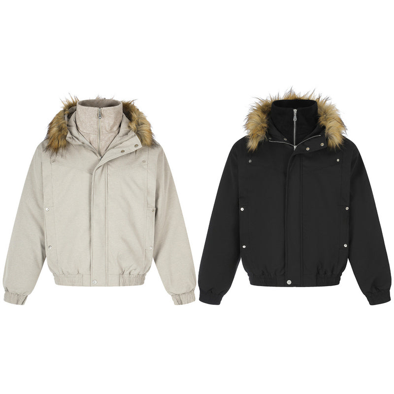 Pufferjacke mit Kunstfellbesatz und Lagenoptik – Übergroßer Wintermantel für Herren