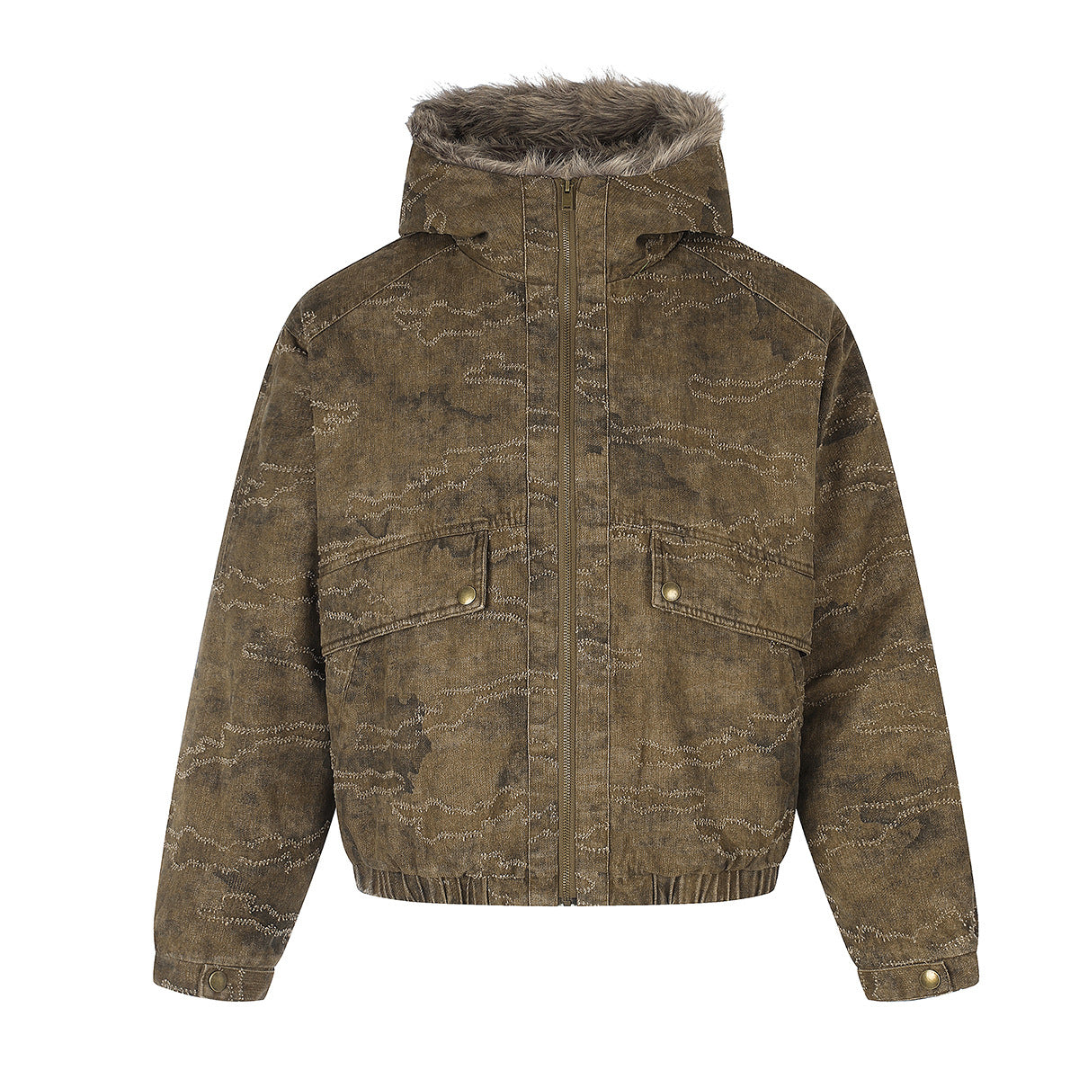 Camo Jacquard Padded Bomber Jacket with Faux Fur Hood
