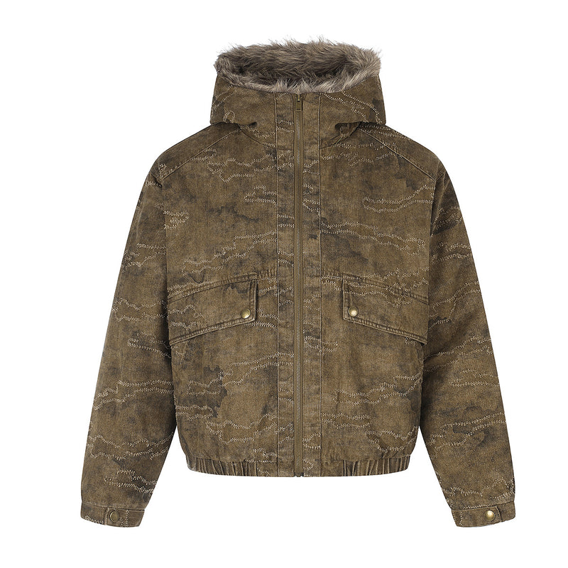 Camo Jacquard Padded Bomber Jacket with Faux Fur Hood