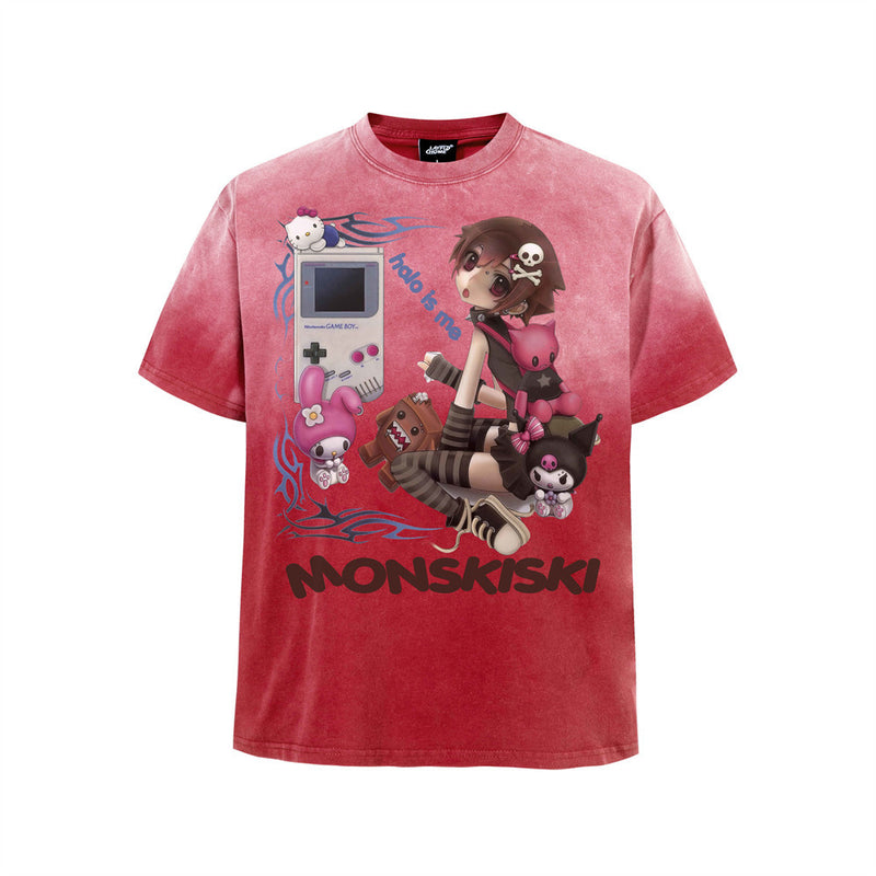 Anime Girl Graphic Acid Wash T-Shirt – Sanrio & Game Boy Print, Oversized Crew
