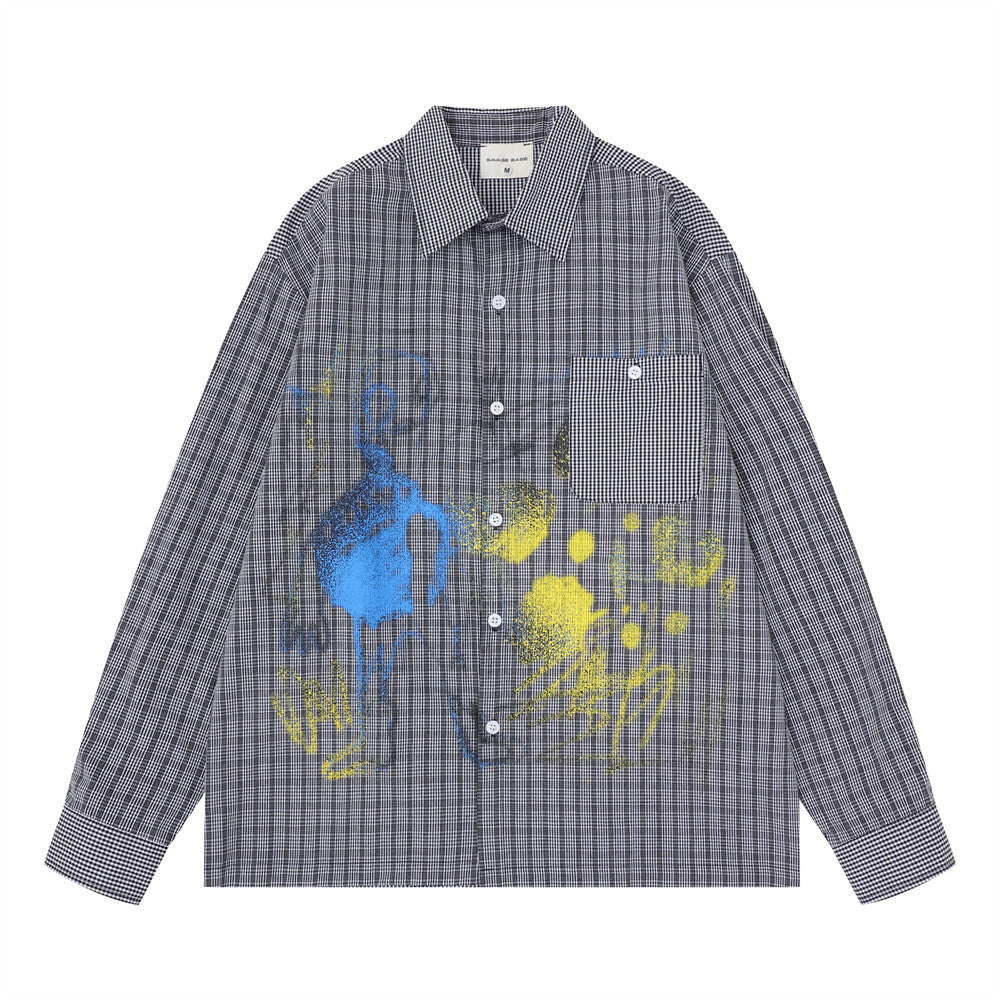 Men's oversized plaid long sleeve shirt with blue and yellow graffiti paint splatter graphic print and contrast gingham chest