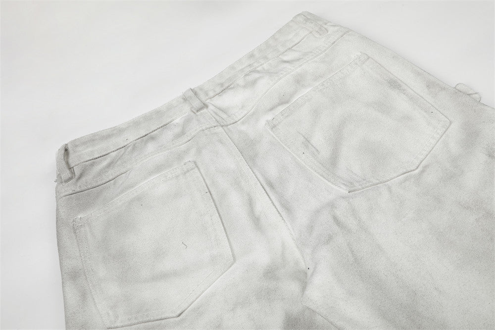 Men's Bell Bottom Jeans with Gothic Harness Straps, Metal Eyelets & Ribbon