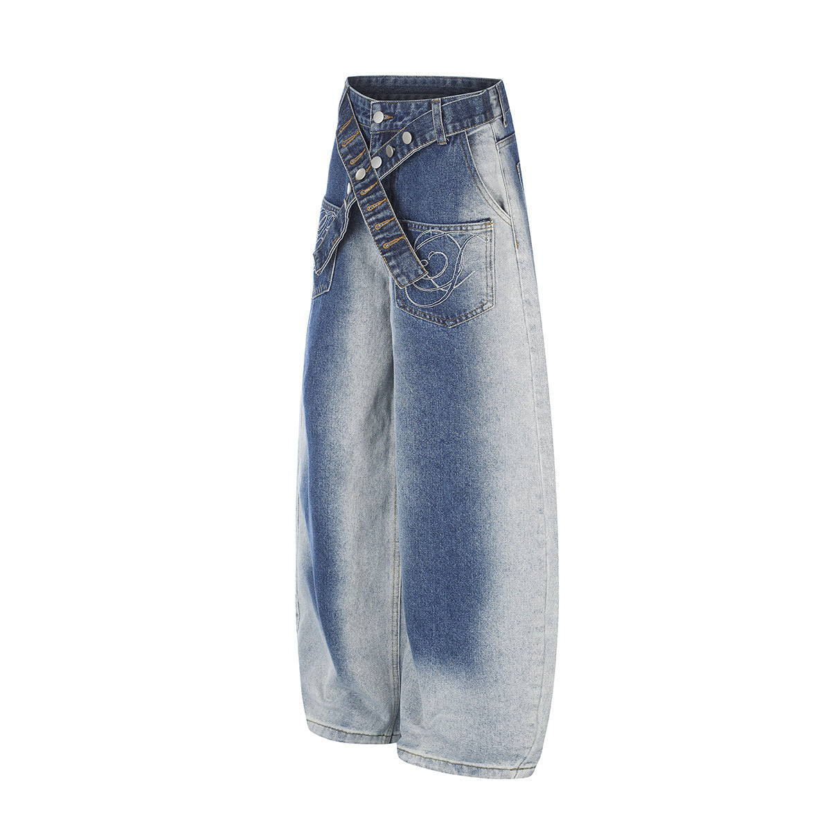 Vaqueros baggy de pierna ancha con cinturilla cruzada de broches y bolsillos bordados