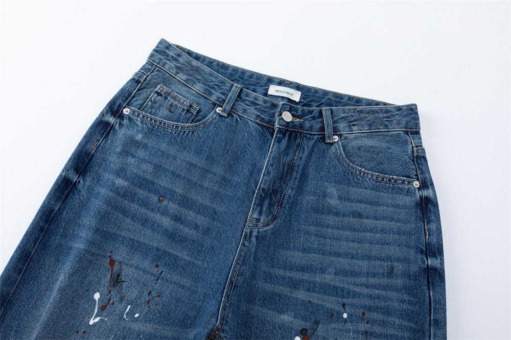 Wide-Leg Distressed Jeans with Paint Splatter & Ripped Knees – Vintage Punk
