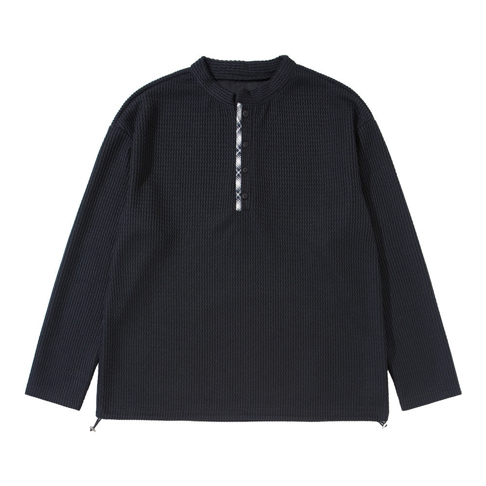 Men's Long Sleeve Waffle-Knit Henley Shirt with Drawstring Hem